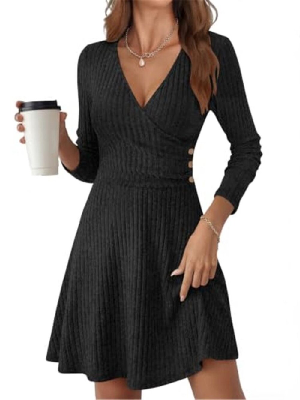 Women's V Neck Sweater Dress Long Sleeve Short Fall Knit Dress